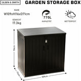 Olsen & Smith Garten-Aufbewahrungsbox Für Den Außenbereich Mit Großem Kapazität, Mit Vorhängeschloss, Kunststoffschuppen, Mülltonnenbox – Ideal Für 2X 190 L-Behälter Und Viele Andere (775L, Schwarz)