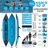 Aqua Spirit Aufblasbares Kajak 2024, 10'5”/13’5”/, 1 oder 2 Personen komplettes Kajak-Set mit Paddel, Rucksack, Doppelhubpumpe und mehr Zubehör, Erwachsene Anfänger, Experten, 3 Jahre Garantie