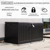 Olsen & Smith Garten-Aufbewahrungsbox für denAußenbereich, 270 l, mitgroßem Fassungsvermögen, mitVorhängeschloss, Kunststoffschuppen–wetterfest und zum Aufstellen,mit Truhe in Holzoptik(270 l, schwarz)