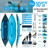 Aqua Spirit Aufblasbares Kajak 2024, 10'5”/13’5”/, 1 oder 2 Personen komplettes Kajak-Set mit Paddel, Rucksack, Doppelhubpumpe und mehr Zubehör, Erwachsene Anfänger, Experten, 3 Jahre Garantie