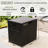 Olsen & Smith 126L Kapazität Outdoor Garten Kunststoff Aufbewahrungsbox kleine Balkonmöbel - abschließbar mit Vorhängeschloss, witterungsbeständig, Holzpaneel Look Shed Chest